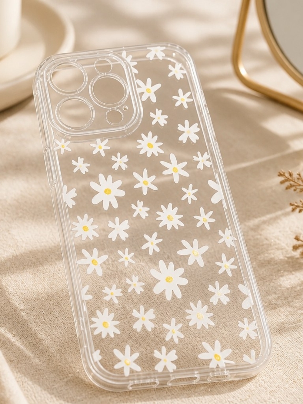 Clear Daisy Pattern Phone Case - White/Yellow For IP14